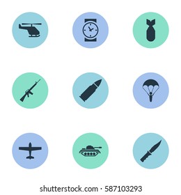 Set Of 9 Simple War Icons. Can Be Found Such Elements As Paratrooper, Nuke, Air Bomber And Other.