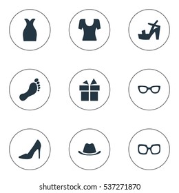 Set Of 9 Simple Wardrobe Icons. Can Be Found Such Elements As Eyeglasses, Barefoot, Present And Other.