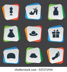 Set Of 9 Simple Wardrobe Icons. Can Be Found Such Elements As Barefoot, Footwear, Mannequin And Other.