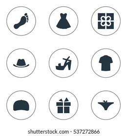 Set Of 9 Simple Wardrobe Icons. Can Be Found Such Elements As Present, Head Accessory, Barefoot And Other.