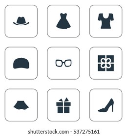 Set Of 9 Simple Wardrobe Icons. Can Be Found Such Elements As Head Accessory, Eyeglasses, Present And Other.
