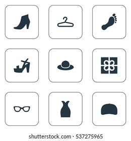 Set Of 9 Simple Wardrobe Icons. Can Be Found Such Elements As Footwear, Cap, Rack And Other.
