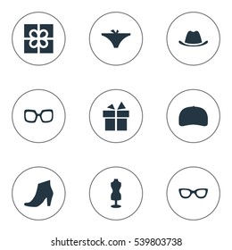 Set Of 9 Simple Wardrobe Icons. Can Be Found Such Elements As Present, Footwear, Present And Other.