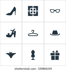 Set Of 9 Simple Wardrobe Icons. Can Be Found Such Elements As Glasses, Footwear, Head Accessory And Other.