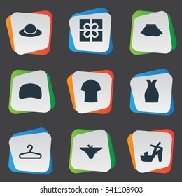 Set Of 9 Simple Wardrobe Icons. Can Be Found Such Elements As Female Cloth, Man Clothing, Cap And Other.