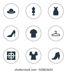 Set Of 9 Simple Wardrobe Icons. Can Be Found Such Elements As Attire, Rack, Mannequin And Other.