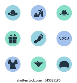 Set Of 9 Simple Wardrobe Icons. Can Be Found Such Elements As Elegant Headgear, Barefoot, T-Shirt And Other.