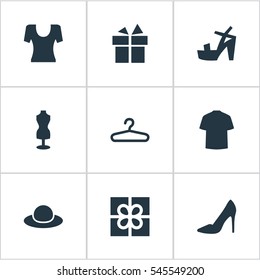 Set Of 9 Simple Wardrobe Icons. Can Be Found Such Elements As Footwear, Present, Rack And Other.