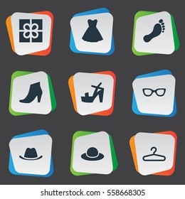 Set Of 9 Simple Wardrobe Icons. Can Be Found Such Elements As Rack, Footwear, Barefoot And Other.