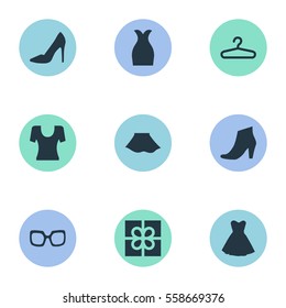 Set Of 9 Simple Wardrobe Icons. Can Be Found Such Elements As Attire, Footwear, Footwear And Other.