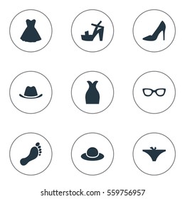 Set Of 9 Simple Wardrobe Icons. Can Be Found Such Elements As Attire, Glasses, Elegant Headgear And Other.