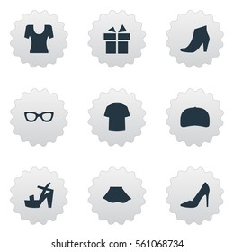Set Of 9 Simple Wardrobe Icons. Can Be Found Such Elements As Footwear, Glasses, T-Shirt And Other.