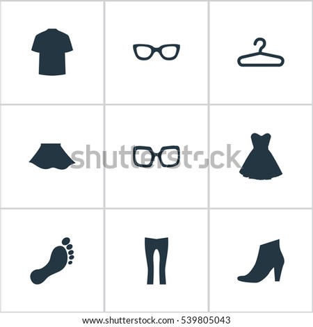 Set Of 9 Simple Wardrobe Icons. Can Be Found Such Elements As Barefoot, Female Cloth, Attire And Other.