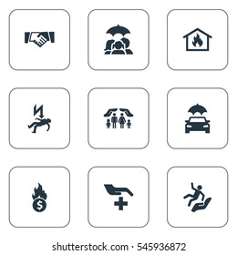 Set Of 9 Simple Warrant Icons. Can Be Found Such Elements As Electric Shock  Jeopardy, Home Protect  From Fire, Contract And Other.