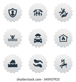 Set Of 9 Simple Warrant Icons. Can Be Found Such Elements As Home Protect  From Fire, Protect From Torrent, Electric Shock  Jeopardy And Other.