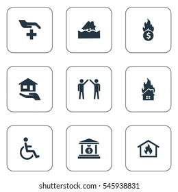 Set Of 9 Simple Warrant Icons. Can Be Found Such Elements As Banking House, Heat, Bankroll Fuse And Other.