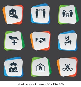 Set Of 9 Simple Warrant Icons. Can Be Found Such Elements As Home Protect  From Fire, Job Accord, Medical Attendance And Other.