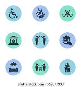 Set Of 9 Simple Warrant Icons. Can Be Found Such Elements As Job Accord, Heat, Banking House And Other.