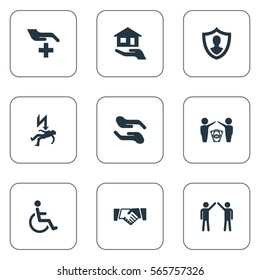 Set Of 9 Simple Warrant Icons. Can Be Found Such Elements As Job Accord, Protect Yourself, Electric Shock  Jeopardy And Other.