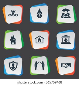 Set Of 9 Simple Warrant Icons. Can Be Found Such Elements As Home Protect  From Fire, Heat, Bankroll Fuse And Other.