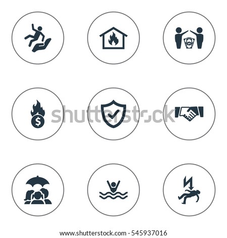 Set Of 9 Simple Warrant Icons. Can Be Found Such Elements As Electric Shock  Jeopardy, Reliability, Smothered Male And Other.