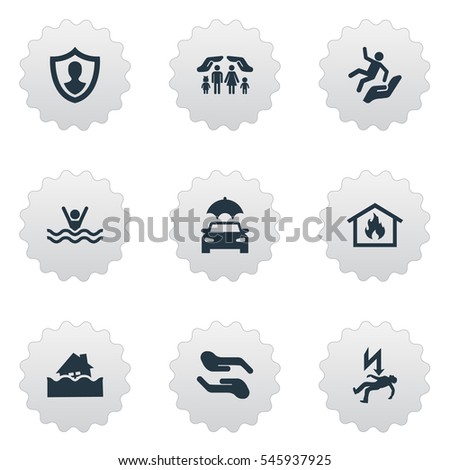 Set Of 9 Simple Warrant Icons. Can Be Found Such Elements As Home Protect  From Fire, Protect From Torrent, Electric Shock  Jeopardy And Other.