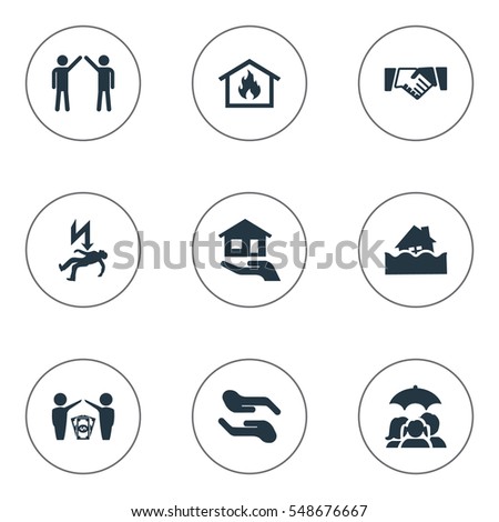 Set Of 9 Simple Warrant Icons. Can Be Found Such Elements As Home Protect  From Fire, Electric Shock  Jeopardy, Reliability And Other.