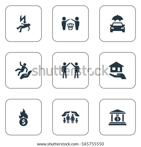Set Of 9 Simple Warrant Icons. Can Be Found Such Elements As Family Fuse, Protect Currency, Electric Shock  Jeopardy And Other.