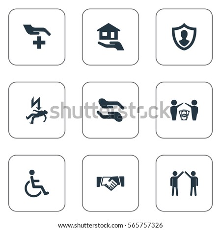 Set Of 9 Simple Warrant Icons. Can Be Found Such Elements As Job Accord, Protect Yourself, Electric Shock  Jeopardy And Other.