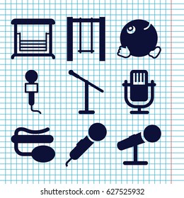 Set of 9 sing filled icons such as dancing emoji, swing, microphone