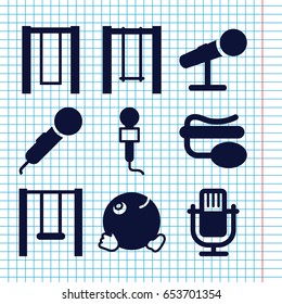 Set of 9 sing filled icons such as dancing emoji, swing, microphone