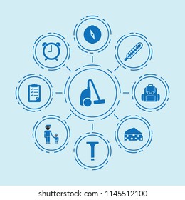 Set of 9 single filled icons such as cheese, vacuum cleaner, screw, father and son, thermometer, checklist, backpack, alarm clock