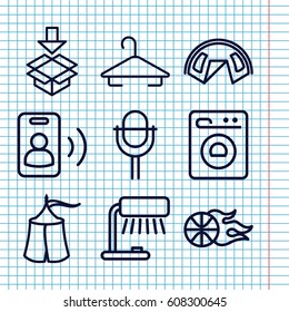 Set of 9 single outline icons such as hanger, box, microphone, washing machine, call, tent, basketball