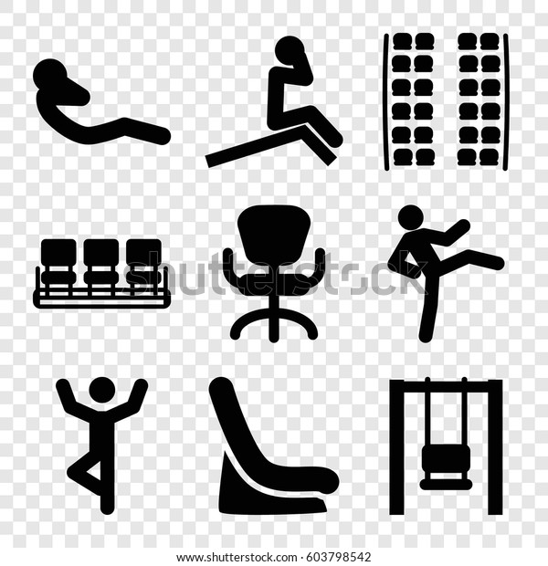 Set of 9 sit
filled icons such as plane seats, baby seat in car, chair, office
chair, abdoninal workout,
swing