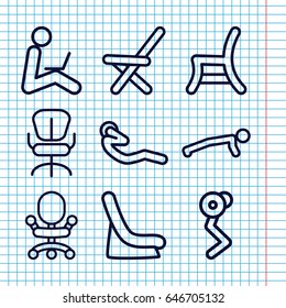 Set of 9 sit outline icons such as baby seat in car, office chair, outdoor chair, abdoninal workout, man sitting with laptop