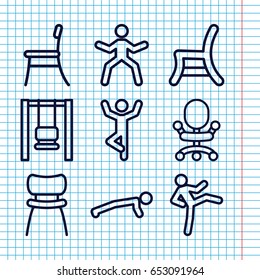 Set of 9 sit outline icons such as outdoor chair, chair, office chair, man doing exercises