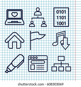 Set of 9 site outline icons such as structure, laptop with heart, browser, home, pen, binary code, flag