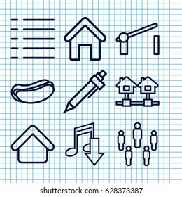 Set of 9 site outline icons such as house building, pen, hot dog, menu, barrier, home, eating mouth