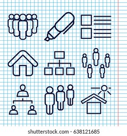 Set of 9 site outline icons such as structure, house under sun, home, pen, menu