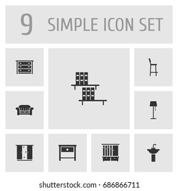Set Of 9 Situation Icons Set.Collection Of Bookcase, Bedside Table, Wardrobe And Other Elements.