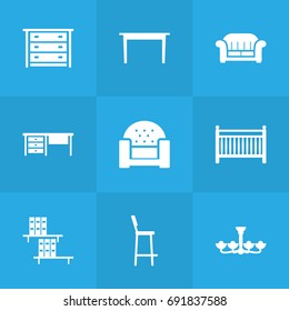 Set Of 9 Situation Icons Set.Collection Of Desk, Commode, Cot And Other Elements.
