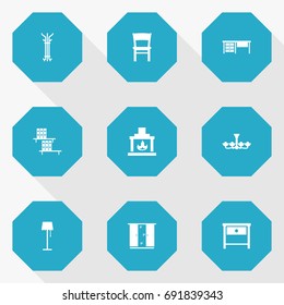 Set Of 9 Situation Icons Set.Collection Of Worktop, Coat Stand, Chimney Elements.