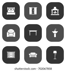 Set Of 9 Situation Icons Set.Collection Of Illuminator, Couch, Cupboard And Other Elements.