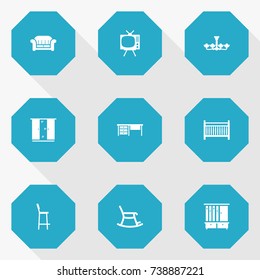 Set Of 9 Situation Icons Set.Collection Of Television, Rocking Furniture, Luster And Other Elements.