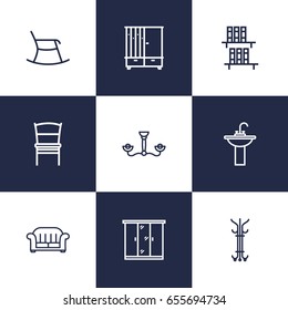 Set Of 9 Situation Outline Icons Set.Collection Of Hanger, Chair, Closet And Other Elements.