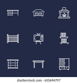 Set Of 9 Situation Outline Icons Set.Collection Of Fireplace, Hall Tree, Desk And Other Elements.