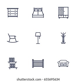 Set Of 9 Situation Outline Icons Set.Collection Of Moving Chair, Armchair, Bookshelf And Other Elements.