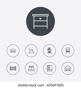 Set Of 9 Situation Outline Icons Set.Collection Of Moving Chair, Armchair, Hall Tree And Other Elements.