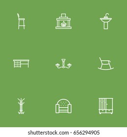 Set Of 9 Situation Outline Icons Set.Collection Of Desk, Hall Tree, Hanger And Other Elements.