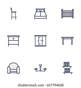 Set Of 9 Situation Outline Icons Set.Collection Of Sofa, Double Bed, Crib And Other Elements.